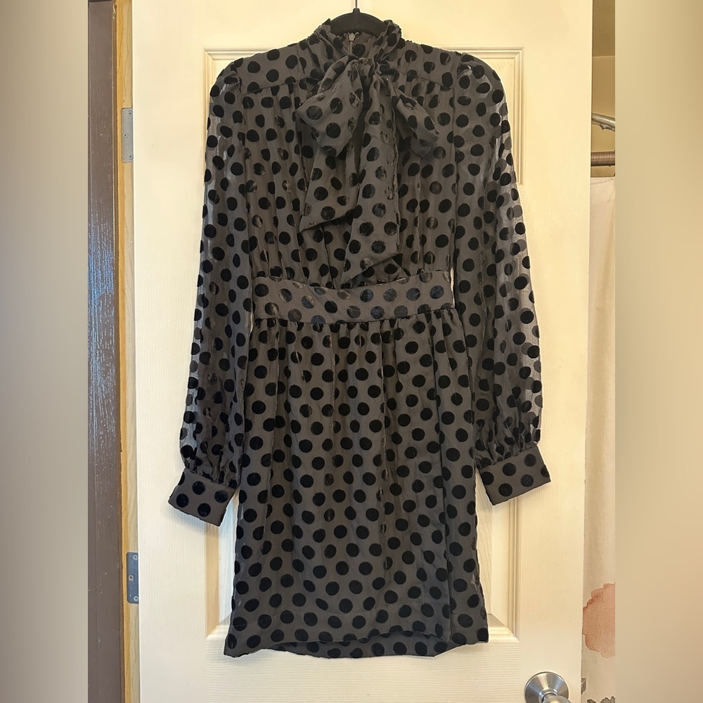 Bardot Tie-Neck Mini Dress Black Polka Dot Velvet 🖤